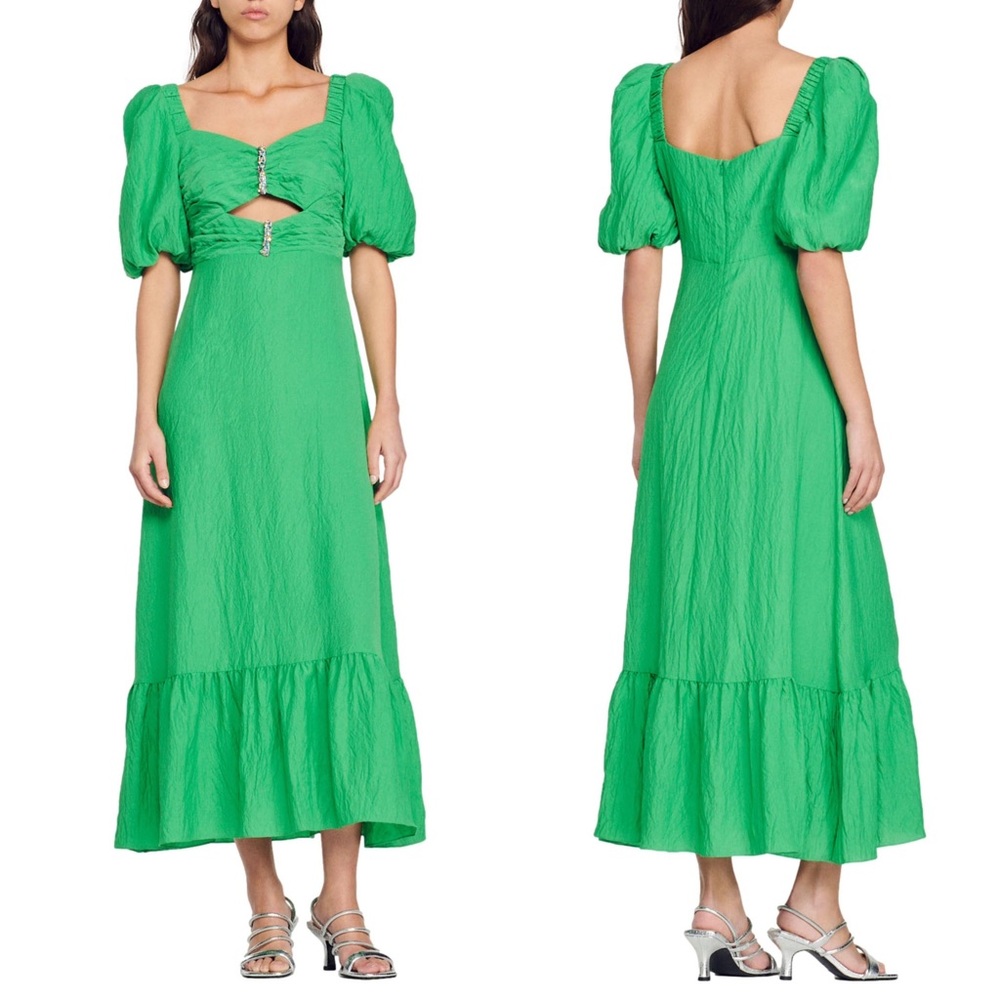 Sandro Green Puff-Sleeve Midi Dress with Cutout